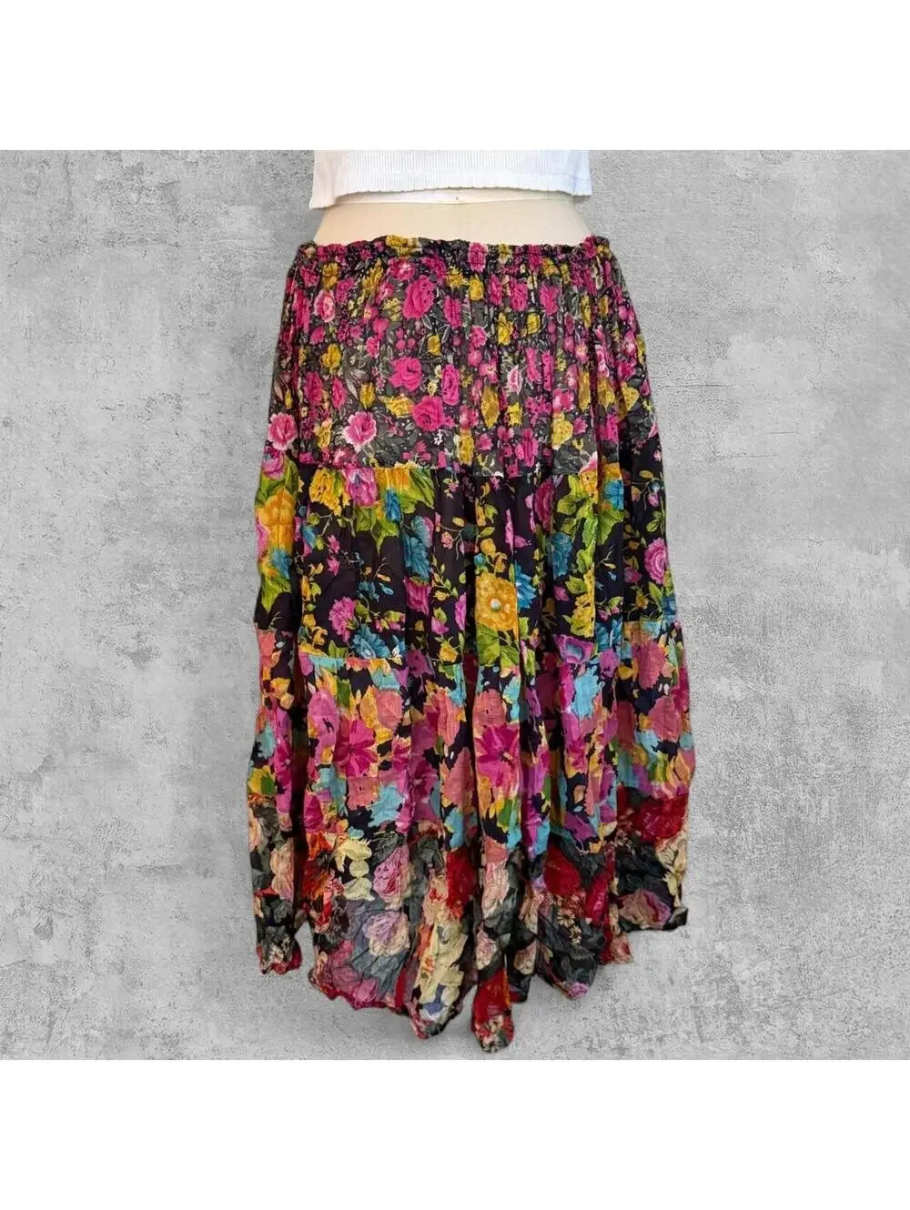 Vtg Speed Limit Floral Tiered Maxi Skirt Size L Black Multi Boho Cottagecore